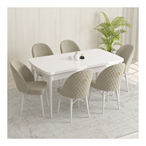 Marsilya Beyaz 80x132 Mdf Açılabilir Mutfak Masası Takımı 6 Adet Sandalye Krem