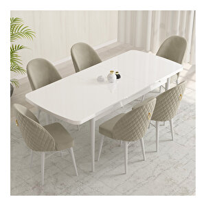 Marsilya Beyaz 80x132 Mdf Açılabilir Mutfak Masası Takımı 6 Adet Sandalye Krem