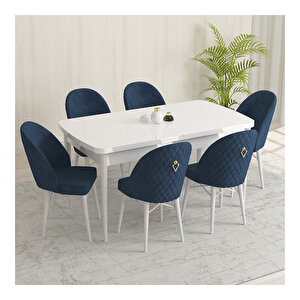 Marsilya Beyaz 80x132 Mdf Açılabilir Mutfak Masası Takımı 6 Adet Sandalye Lacivert