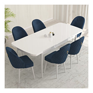 Marsilya Beyaz 80x132 Mdf Açılabilir Mutfak Masası Takımı 6 Adet Sandalye Lacivert