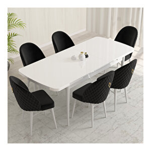 Marsilya Beyaz 80x132 Mdf Açılabilir Mutfak Masası Takımı 6 Adet Sandalye Siyah