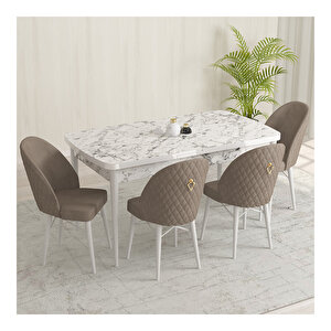 Marsilya Beyaz Mermer Desen 80x132 Mdf Açılabilir Mutfak Masası Takımı 4 Adet Sandalye Cappucino