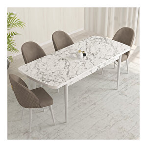 Marsilya Beyaz Mermer Desen 80x132 Mdf Açılabilir Mutfak Masası Takımı 4 Adet Sandalye Cappucino
