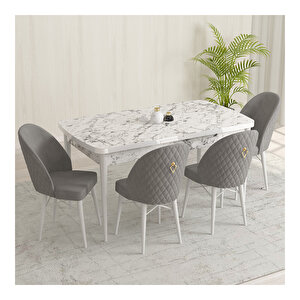 Marsilya Beyaz Mermer Desen 80x132 Mdf Açılabilir Mutfak Masası Takımı 4 Adet Sandalye Gri