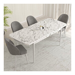 Marsilya Beyaz Mermer Desen 80x132 Mdf Açılabilir Mutfak Masası Takımı 4 Adet Sandalye Gri