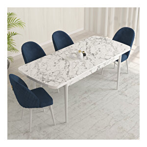 Marsilya Beyaz Mermer Desen 80x132 Mdf Açılabilir Mutfak Masası Takımı 4 Adet Sandalye Lacivert