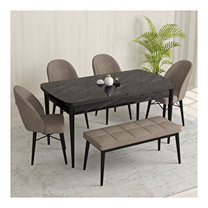 Marsilya Siyah Mermer Desen 80x132 Mdf Açılabilir Mutfak Masası Takımı 4 Sandalye, 1 Bench Cappucino