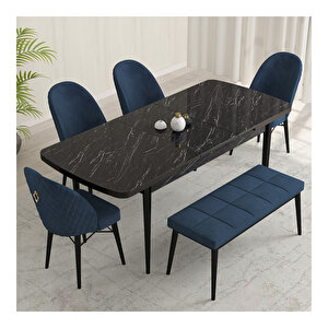 Marsilya Siyah Mermer Desen 80x132 Mdf Açılabilir Mutfak Masası Takımı 4 Sandalye, 1 Bench Lacivert