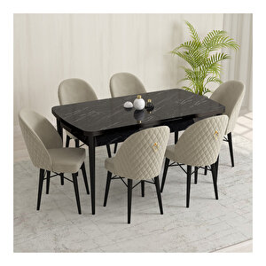 Marsilya Siyah Mermer Desen 80x132 Mdf Açılabilir Mutfak Masası Takımı 6 Adet Sandalye Krem