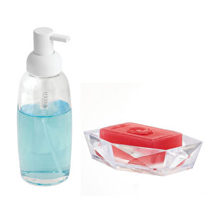 Bayaz Pompalı Cam Sıvı Sabunluk Ve Sabunluk 2'li Banyo Seti