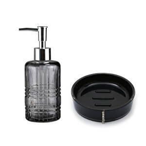 Gri Cam Sıvı Sabunluk Ve Siyah Taşlı Sabunluk 2'li Banyo Seti Gri Siyah