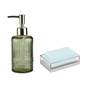 Yeşil Cam Sıvı Sabunluk Ve Akrilik Sabunluk 2'li Banyo Seti