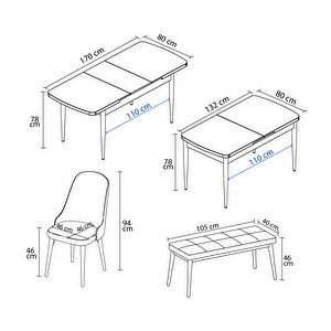 İkon Barok Desen 80x132 Mdf Açılabilir Mutfak Masası Takımı 4 Sandalye, 1 Bench