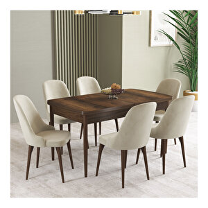 İkon Barok Desen 80x132 Mdf Açılabilir Mutfak Masası Takımı 6 Adet Sandalye Krem
