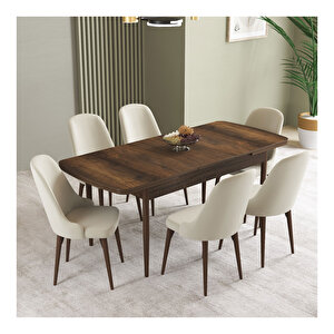 İkon Barok Desen 80x132 Mdf Açılabilir Mutfak Masası Takımı 6 Adet Sandalye Krem