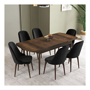 İkon Barok Desen 80x132 Mdf Açılabilir Mutfak Masası Takımı 6 Adet Sandalye Siyah