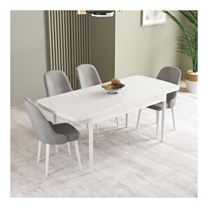 İkon Beyaz 80x132 Mdf Açılabilir Mutfak Masası Takımı 4 Adet Sandalye Gri