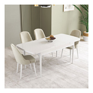 İkon Beyaz 80x132 Mdf Açılabilir Mutfak Masası Takımı 4 Adet Sandalye Krem