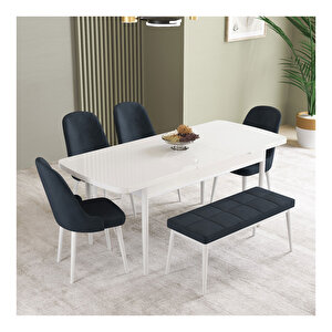 İkon Beyaz 80x132 Mdf Açılabilir Mutfak Masası Takımı 4 Sandalye, 1 Bench Antrasit