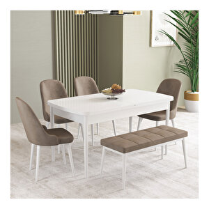 İkon Beyaz 80x132 Mdf Açılabilir Mutfak Masası Takımı 4 Sandalye, 1 Bench Cappuccino
