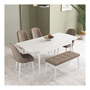 İkon Beyaz 80x132 Mdf Açılabilir Mutfak Masası Takımı 4 Sandalye, 1 Bench Cappuccino