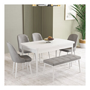 İkon Beyaz 80x132 Mdf Açılabilir Mutfak Masası Takımı 4 Sandalye, 1 Bench Gri