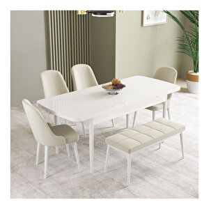 İkon Beyaz 80x132 Mdf Açılabilir Mutfak Masası Takımı 4 Sandalye, 1 Bench Krem