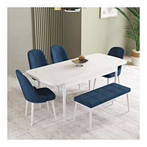 İkon Beyaz 80x132 Mdf Açılabilir Mutfak Masası Takımı 4 Sandalye, 1 Bench Lacivert