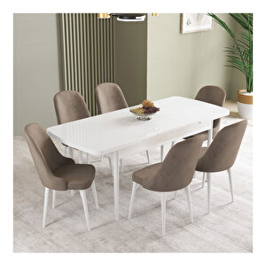 İkon Beyaz 80x132 Mdf Açılabilir Mutfak Masası Takımı 6 Adet Sandalye Cappuccino