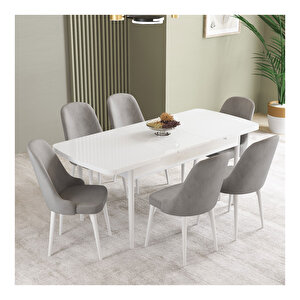 İkon Beyaz 80x132 Mdf Açılabilir Mutfak Masası Takımı 6 Adet Sandalye Gri