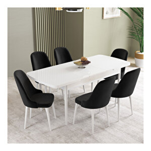 İkon Beyaz 80x132 Mdf Açılabilir Mutfak Masası Takımı 6 Adet Sandalye Siyah