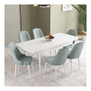İkon Beyaz 80x132 Mdf Açılabilir Mutfak Masası Takımı 6 Adet Sandalye Su Yeşili