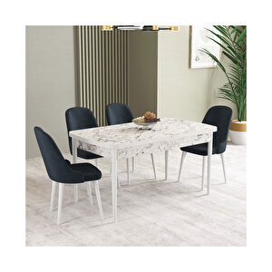 İkon Beyaz Mermer Desen 80x132 Mdf Açılabilir Mutfak Masası Takımı 4 Adet Sandalye Antrasit