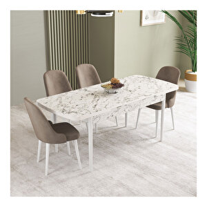 İkon Beyaz Mermer Desen 80x132 Mdf Açılabilir Mutfak Masası Takımı 4 Adet Sandalye Cappuccino