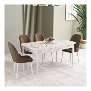 İkon Beyaz Mermer Desen 80x132 Mdf Açılabilir Mutfak Masası Takımı 4 Adet Sandalye Kahve