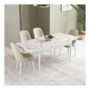 İkon Beyaz Mermer Desen 80x132 Mdf Açılabilir Mutfak Masası Takımı 4 Adet Sandalye Krem
