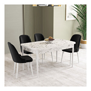 İkon Beyaz Mermer Desen 80x132 Mdf Açılabilir Mutfak Masası Takımı 4 Adet Sandalye Siyah