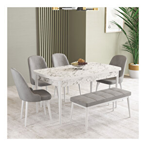 İkon Beyaz Mermer Desen 80x132 Mdf Açılabilir Mutfak Masası Takımı 4 Sandalye, 1 Bench Gri