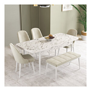 İkon Beyaz Mermer Desen 80x132 Mdf Açılabilir Mutfak Masası Takımı 4 Sandalye, 1 Bench Krem