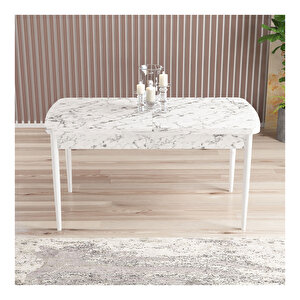 İkon Beyaz Mermer Desen 80x132 Mdf Açılabilir Mutfak Masası Takımı 4 Sandalye, 1 Bench Lacivert