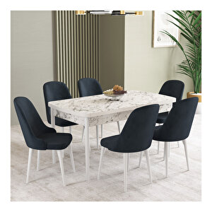 İkon Beyaz Mermer Desen 80x132 Mdf Açılabilir Mutfak Masası Takımı 6 Adet Sandalye Antrasit