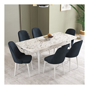 İkon Beyaz Mermer Desen 80x132 Mdf Açılabilir Mutfak Masası Takımı 6 Adet Sandalye Antrasit