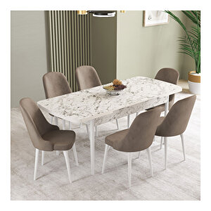 İkon Beyaz Mermer Desen 80x132 Mdf Açılabilir Mutfak Masası Takımı 6 Adet Sandalye Cappuccino