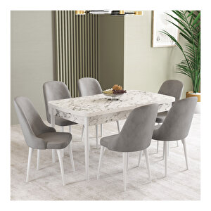 İkon Beyaz Mermer Desen 80x132 Mdf Açılabilir Mutfak Masası Takımı 6 Adet Sandalye Gri