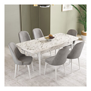 İkon Beyaz Mermer Desen 80x132 Mdf Açılabilir Mutfak Masası Takımı 6 Adet Sandalye Gri