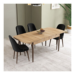 İkon Meşe Desen 80x132 Mdf Açılabilir Mutfak Masası Takımı 4 Adet Sandalye Siyah