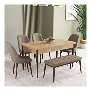 İkon Meşe Desen 80x132 Mdf Açılabilir Mutfak Masası Takımı 4 Sandalye, 1 Bench Cappuccino