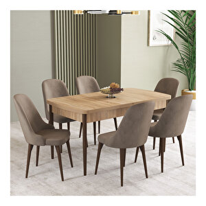 İkon Meşe Desen 80x132 Mdf Açılabilir Mutfak Masası Takımı 6 Adet Sandalye Cappuccino