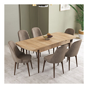 İkon Meşe Desen 80x132 Mdf Açılabilir Mutfak Masası Takımı 6 Adet Sandalye Cappuccino