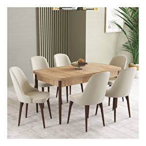 İkon Meşe Desen 80x132 Mdf Açılabilir Mutfak Masası Takımı 6 Adet Sandalye